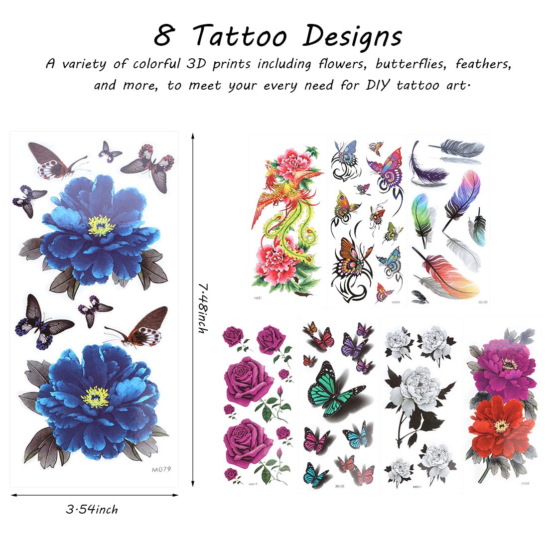 ZORBES® 8 pcs Waterproof Colorful Assorted Pattern 3D Temporary/Fake Tattoos Art Sticker for Adult Men & Women for Arms, Legs, Face