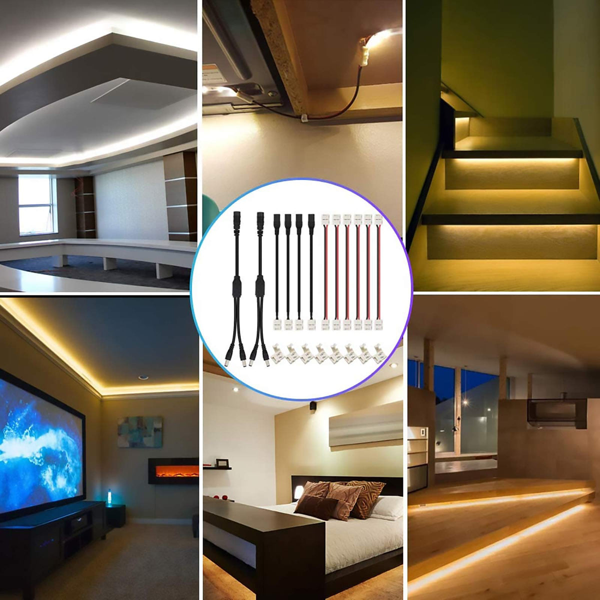 ZORBES® LED Strip Connector,2 Pin 8mm LED Connector Kit Include Seamless Connector,6Jumper Connector,DC Female & Male Connector,DC Jack Splitter for 3528 and 5050 LED Strip