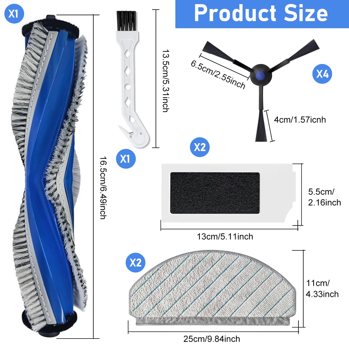 Verilux® Vacuum Cleaner Accessories for Ecovacs N20 Pro/N20 Robot Replacement Vacuum Cleaner Accessories with1 Main Brush, 4 Side Brushes, 2 Mop Cloth, 2 Filters, 1 Cleaning Detailing Brush (10Pcs)