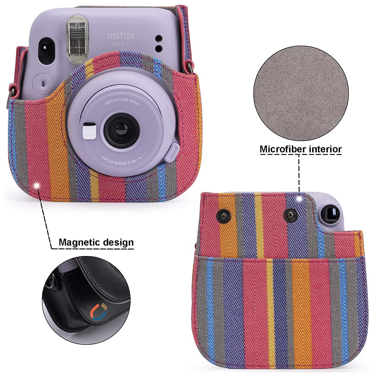 ZORBES® Instax Mini 11 Case Cover, Protective Camera Case for Fujifilm Instax Mini 11, Color Striped Easy Install Bag with Removable Shoulder Strap & Top Cover for Intex Camera Mini 11 Mini 8 Mini 9