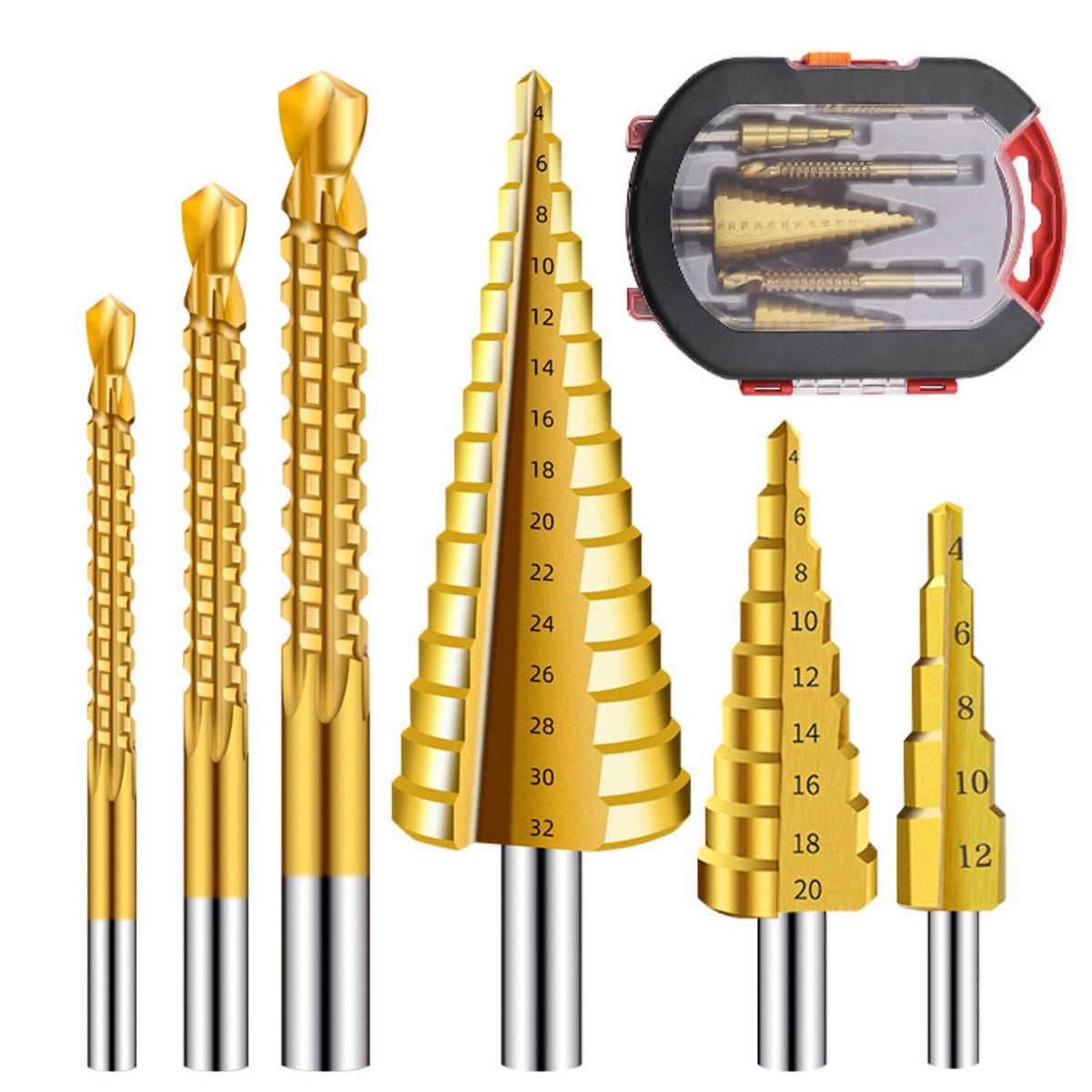 Serplex® 6PCS Step Drill Bits Set, HSS High Speed Steel for Stainless Steel, Metal, Wood, Plastic Drilling 4-32MM/4-20 MM/4-12MM/6MM/8MM/3MM with Case for Woodworking, DIY Lovers
