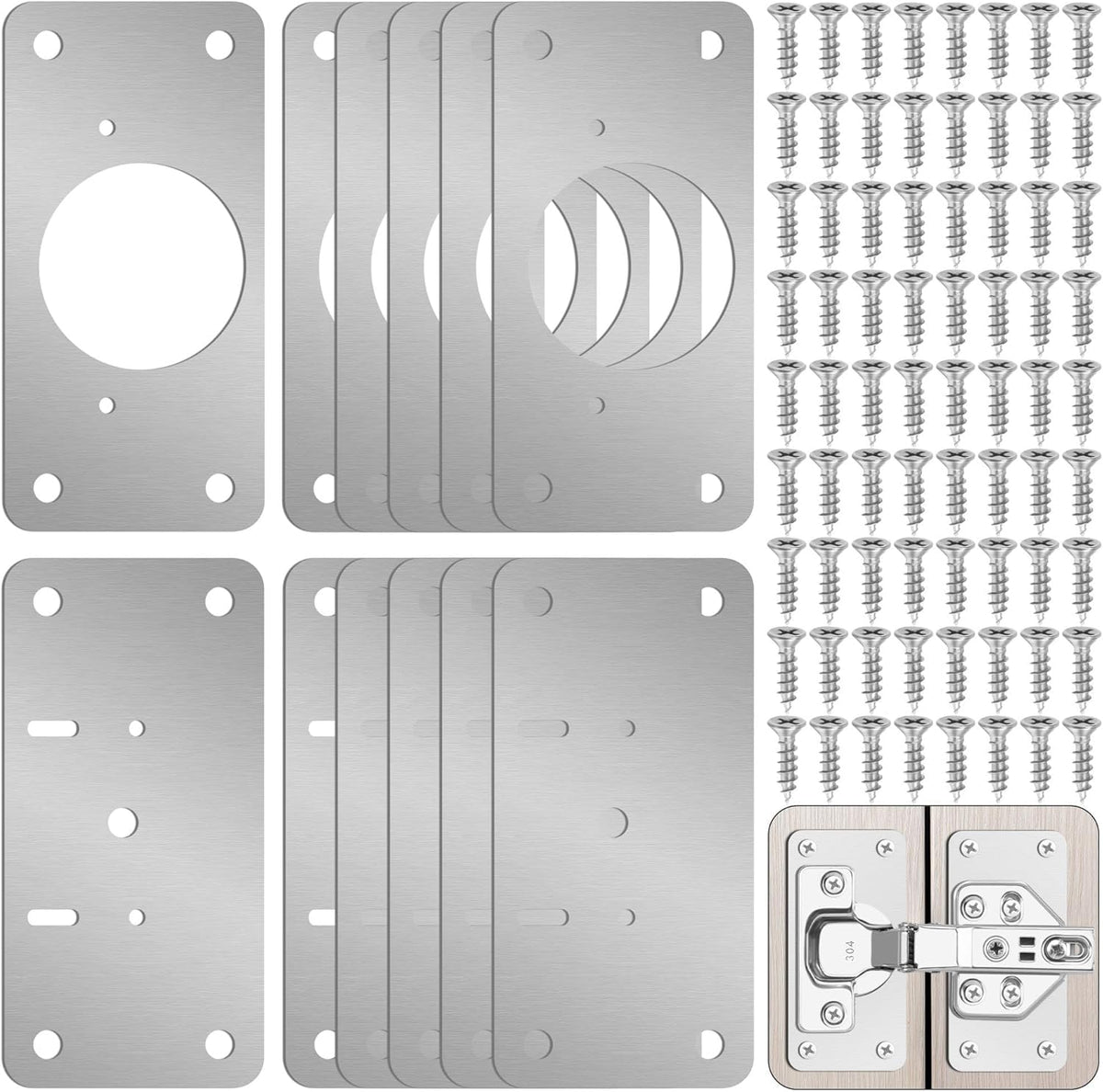Serplex® 12Pcs Hinge Repair Plates and Screws Pack Auto Concealed Hinge Plates with Pre-Punched Holes Universal Stainless Steel Door Hinge Plates for Doors, Cabinets, Cupboard Door, Wardrobes