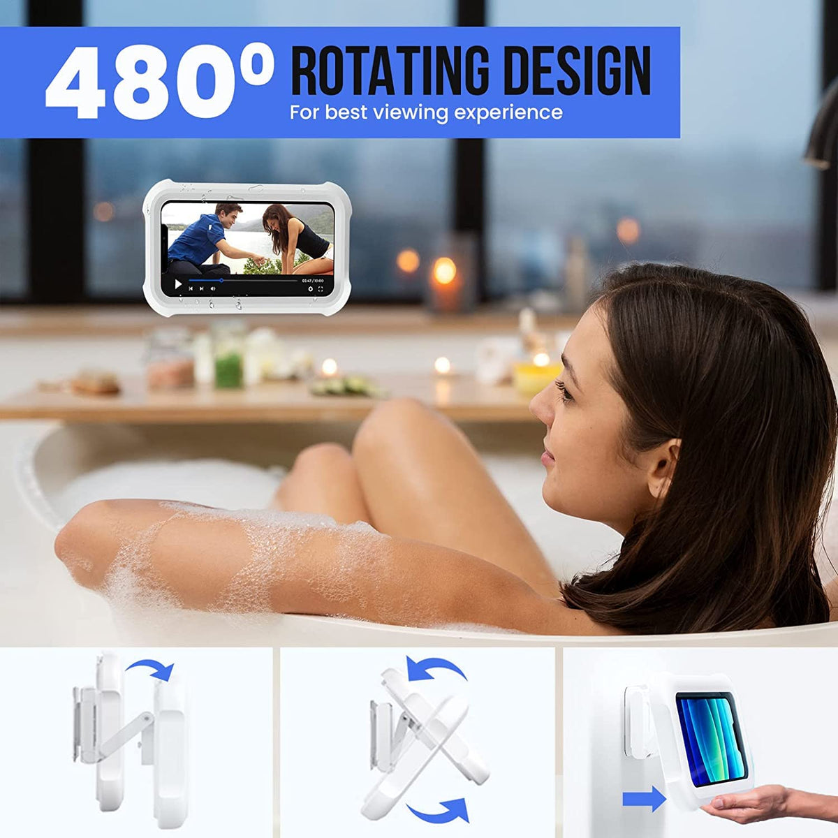 ZORBES® Aramid Shower Phone Holder Waterproof,Anti-Fog Universal Phone Stand Case With Hd Touch Screen&480° Rotation Design,Bathroom Wall Mount Pouch For Iphone 14 13 12 11 ProMax Xs Xr,White