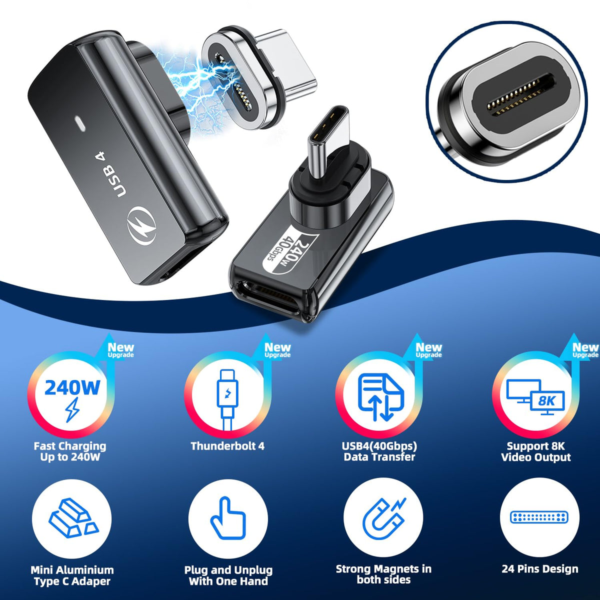 Verilux USB C 4.0 Adapter with 240W PD Fast Charging and 90 Degree Magnetic Connector | 40Gbps Data & 8K Display