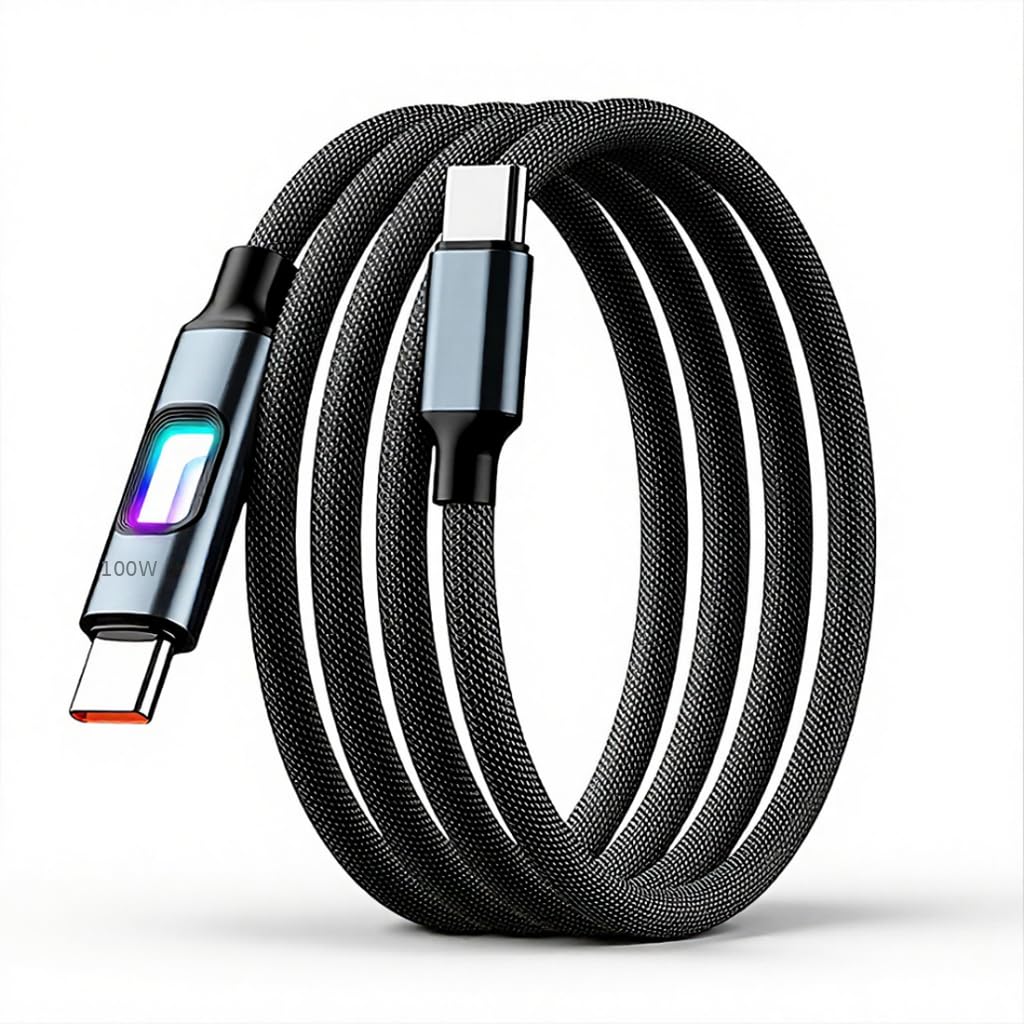 Verilux® PD 100W Type C Cable Fast Charging with Breathing Light, 5.9Ft/1.8M C Type Charger Cable Nylon Braid with 480Mbps Data Sync for iPhone 17/17 Pro/17 Pro Max/16/15, Galaxy S25/S24/S23, Black