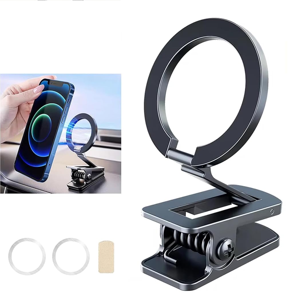 ZORBES® Magnetic Phone Holder 2 in 1 Alloy Magnetic Phone Holder with Clamp & Self Adhesive Backing Compatible with MagSafe Multi Purpose Folding Magnetic Phone Holder Car Phone Stand