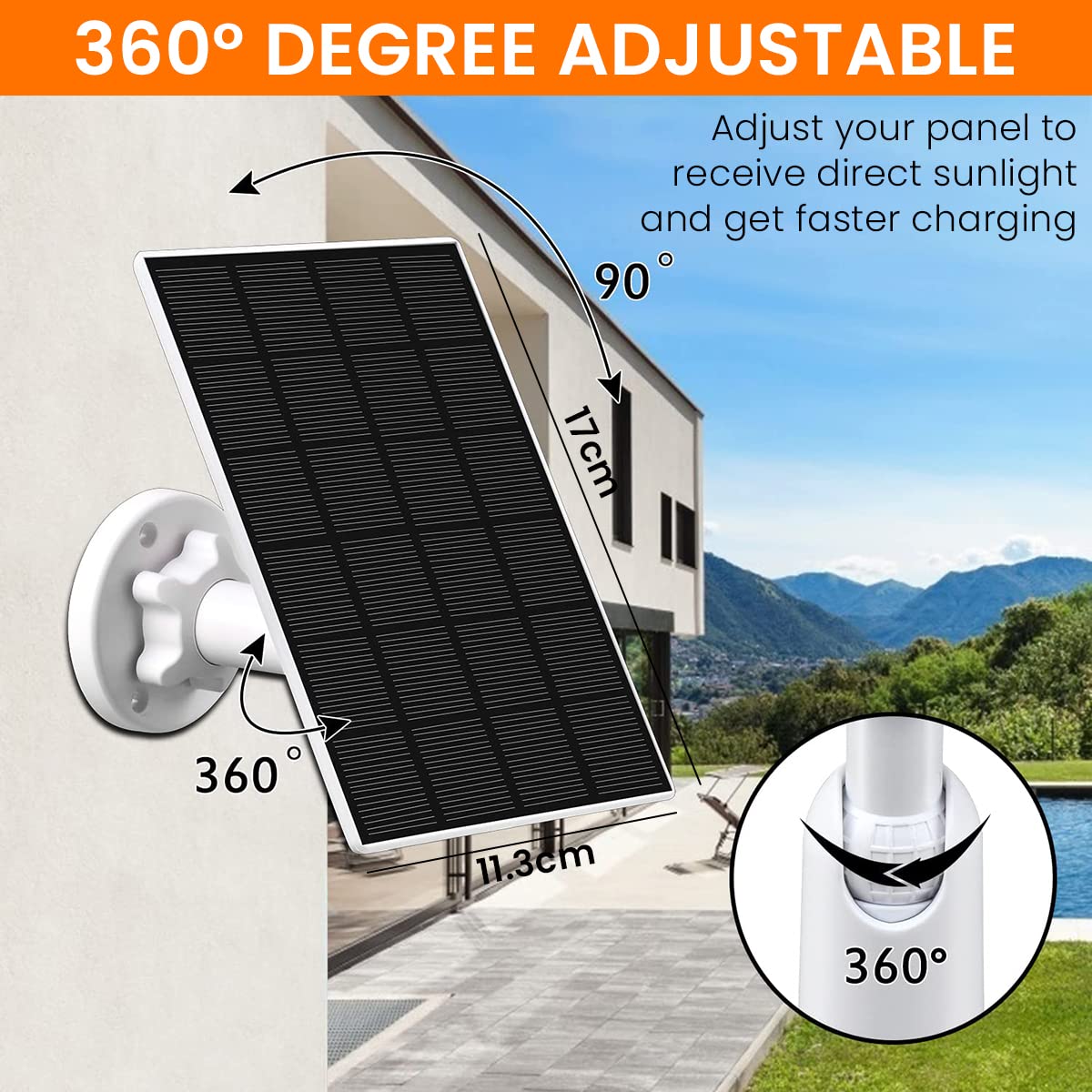 ZORBES® Solar Panel for Security Camera 5W USB Solar Panel for DC 5V Security Camera Micro USB Port Solar Panel IP65 Waterproof Solar Charger for Camera with 360° Adjustable Mounting