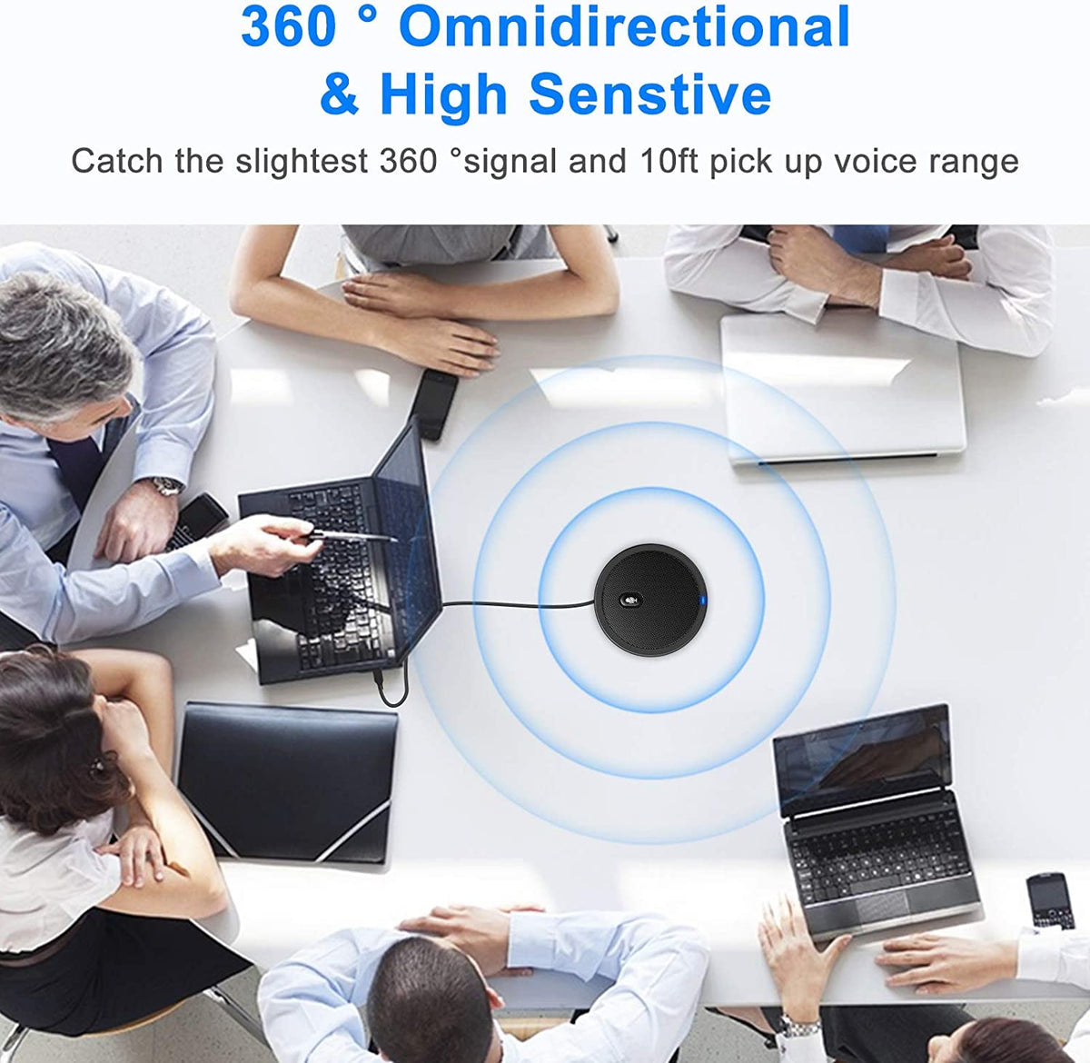 Verilux Conference USB Microphone for PC and Laptop with 360° Pickup and 3 m Range | Plug and Play Mic with Mute Key