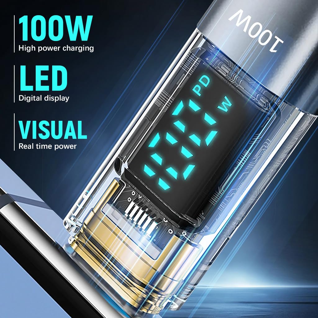 Verilux® PD100W TYPE C to TYPE C Cable for iPhone 15 Digital LCD Power Display TYPE C Fast Charging Cable Support480Mdps Data Sync 3.3Ft Travel Nylon Braiding TYPE C Cable for Phone, Tablet,