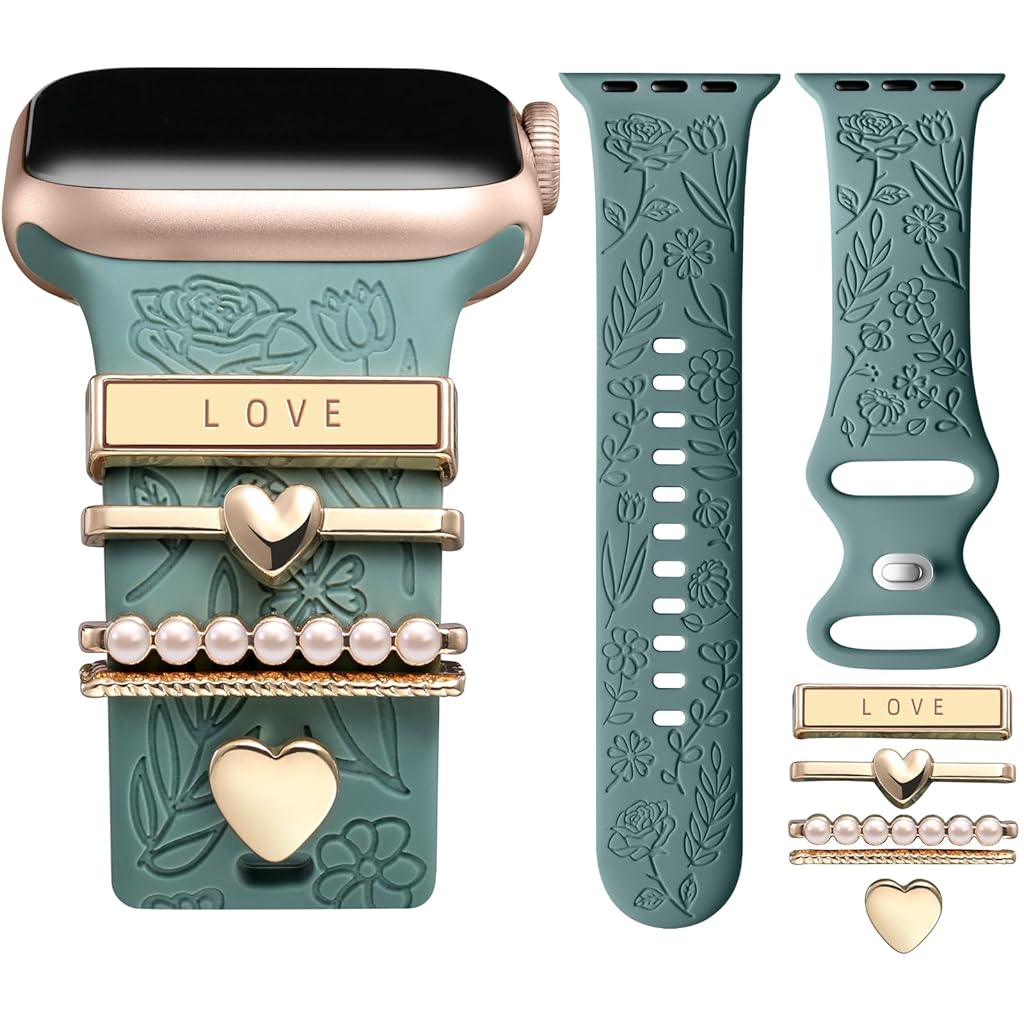 ZORBES® Compatible with iWatch 38mm 40mm 41mm, Floral Engraved Silicone Watch Band, Green Soft Silicone Strap with Romantic Gold Charms Set Adjustable Replacement Wristband