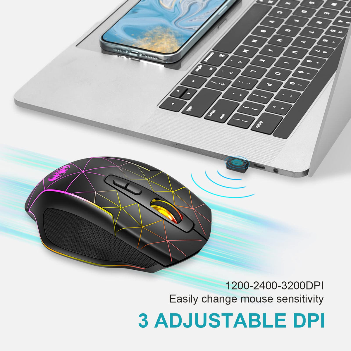 ZORBES® 2.4G Wireless Ergonomics Optical Mouse 7 Keys PC Mouse 3 Adjustable DPI Wireless Gaming Mouse with USB Receiver Cool RGB Backlit for Laptop,Desktop,PC