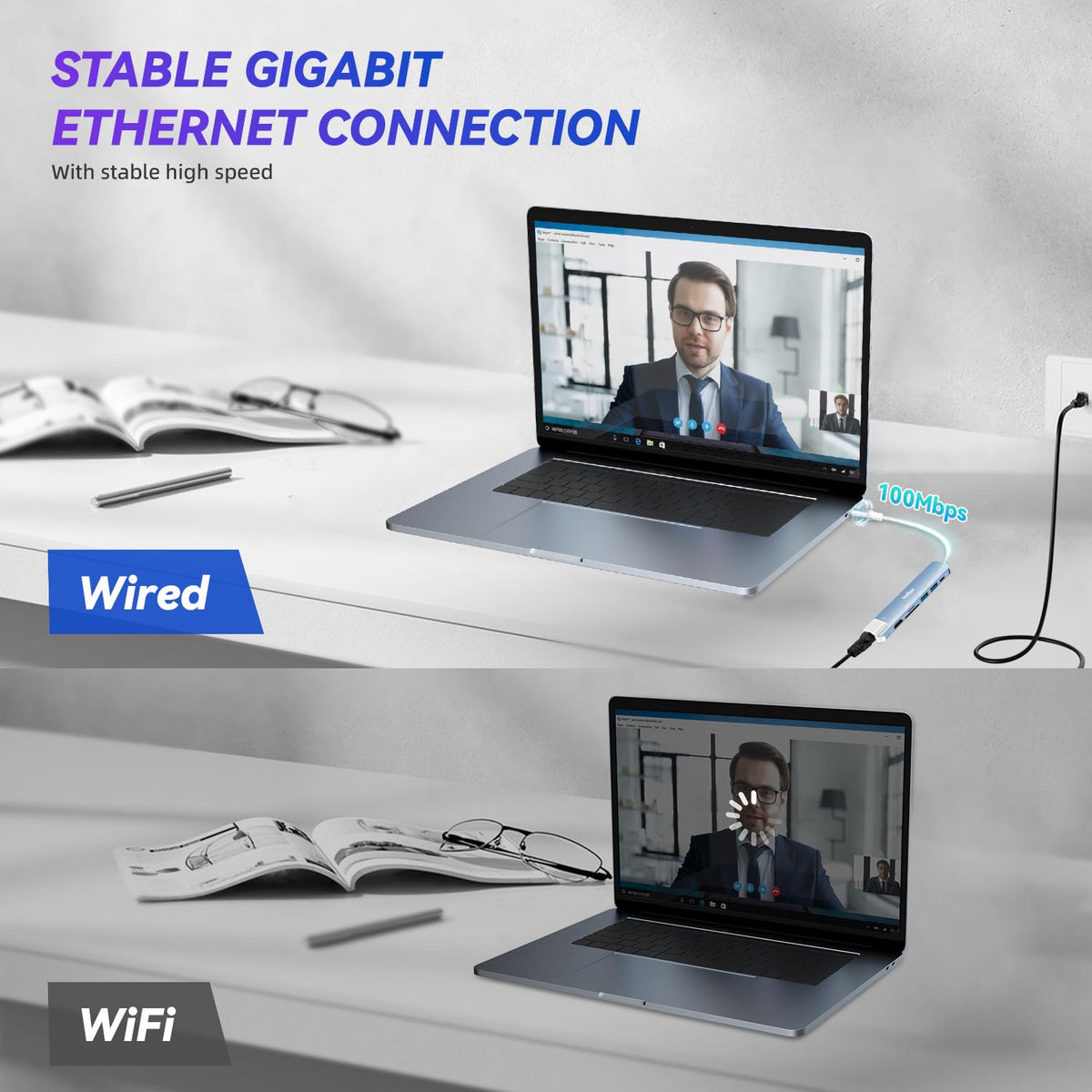 Verilux USB C Hub for Laptop with 4K 60Hz HDMI and Ethernet RJ45 7 in 1 | Blue 24CM Cable