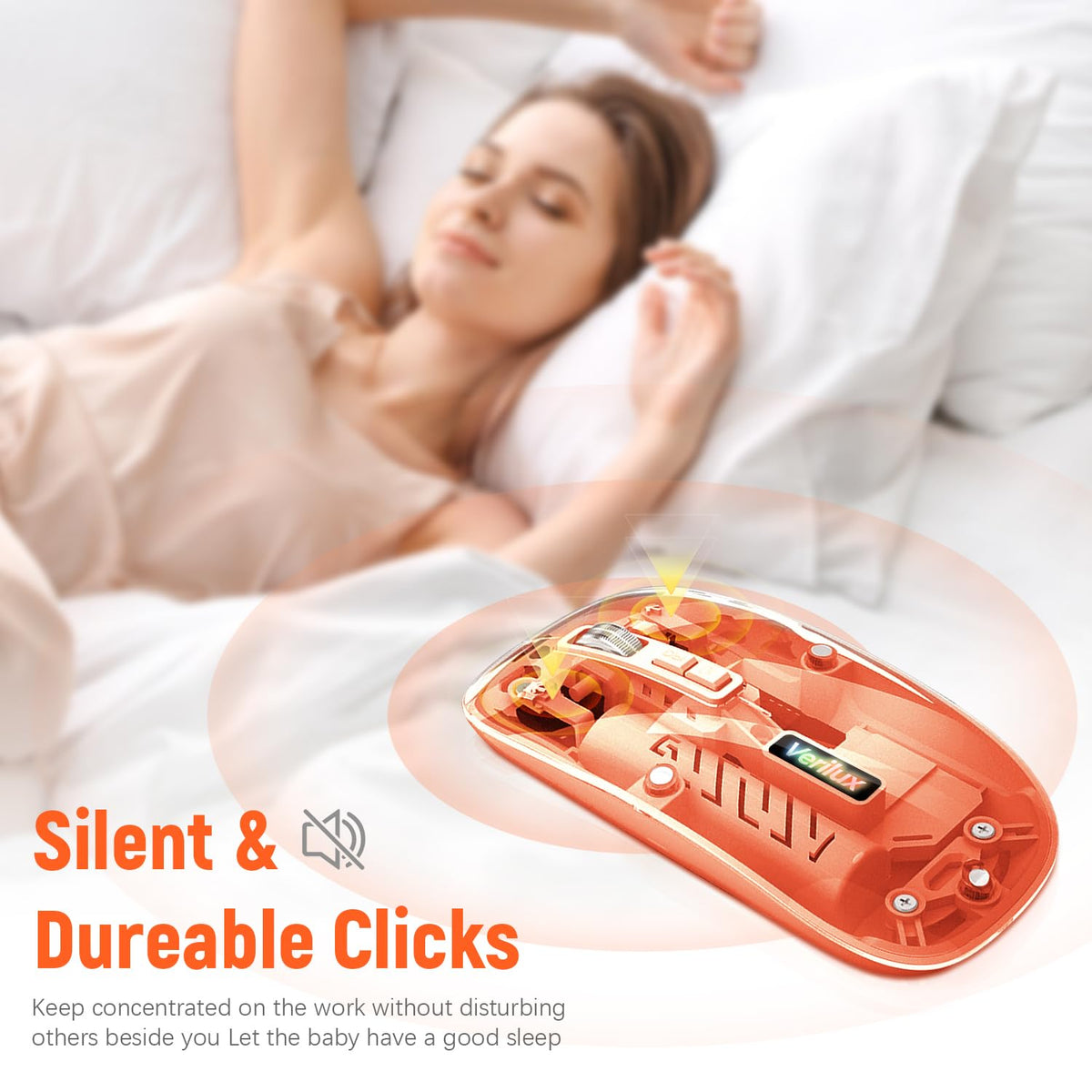 Verilux Wireless Mouse for Laptop with 2.4G and Bluetooth, 1600DPI, Transparent Orange Design