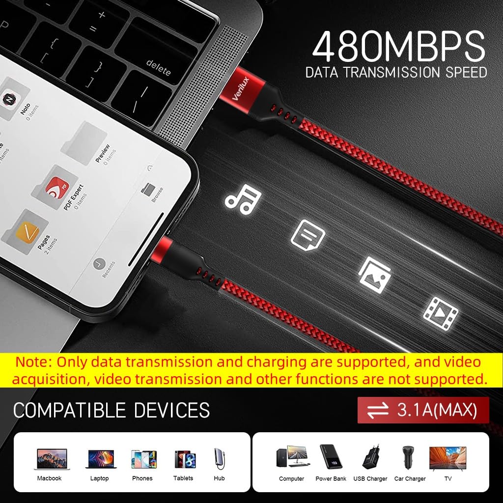 Verilux USB C Cable 10FT for Fast Charging and Data Sync with Nylon Braided Design | 3PCS