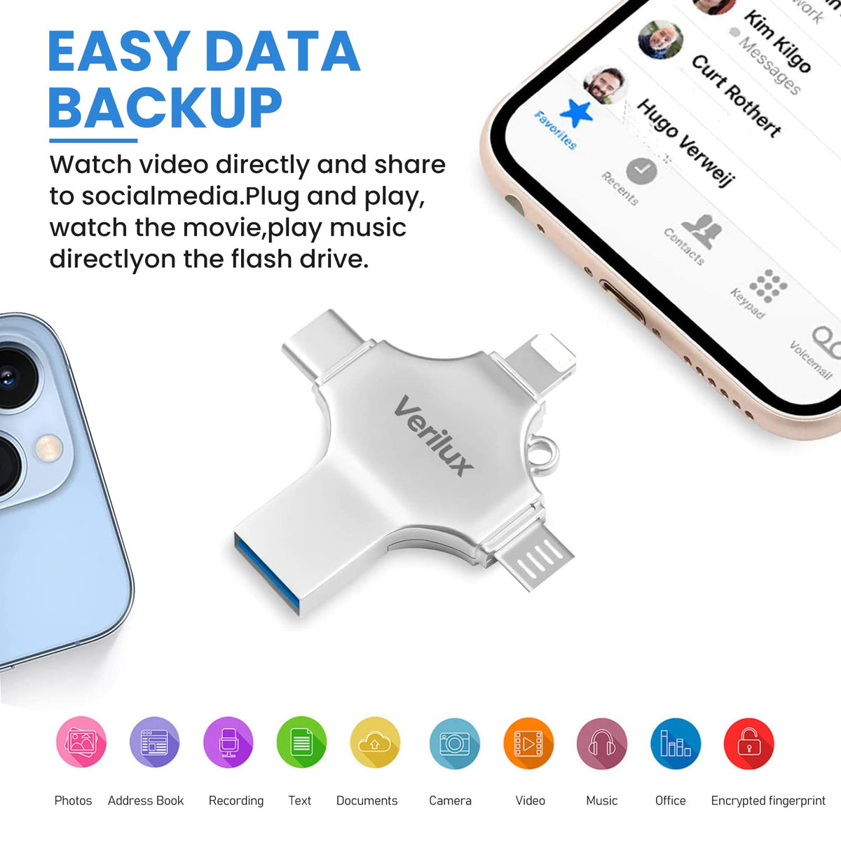 Verilux Flash Drive 64GB for iPhone and Android featuring 4 in 1 USB Connectors | Metal Body