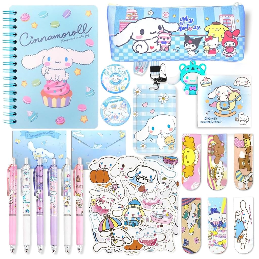 ZORBES® Juego de 26 útiles escolares Kawaii Cinnamoroll, juego de suministros de papelería Kawaii con cuaderno, estuche bolígrafo negro, pegatinas Cinnamoroll surtidas, artículos de papelería