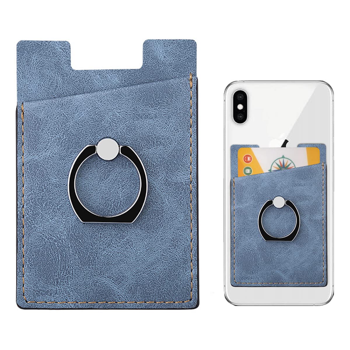 Verilux Phone Card Holder for Smartphones with 360° Rotatable Finger Ring | Blue PU Leather 10.3×6.1 cm