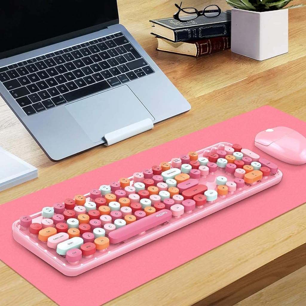 Verilux® Wireless Keyboard and Mouse Combo, Slim 2.4G USB Full Size Wireless Mouse , Keyboard Combo and Cleaning Brush Cute 110 Keys Keyboard for PC, Notebook, MacBook, Tablet - Black (Pink) - verilux