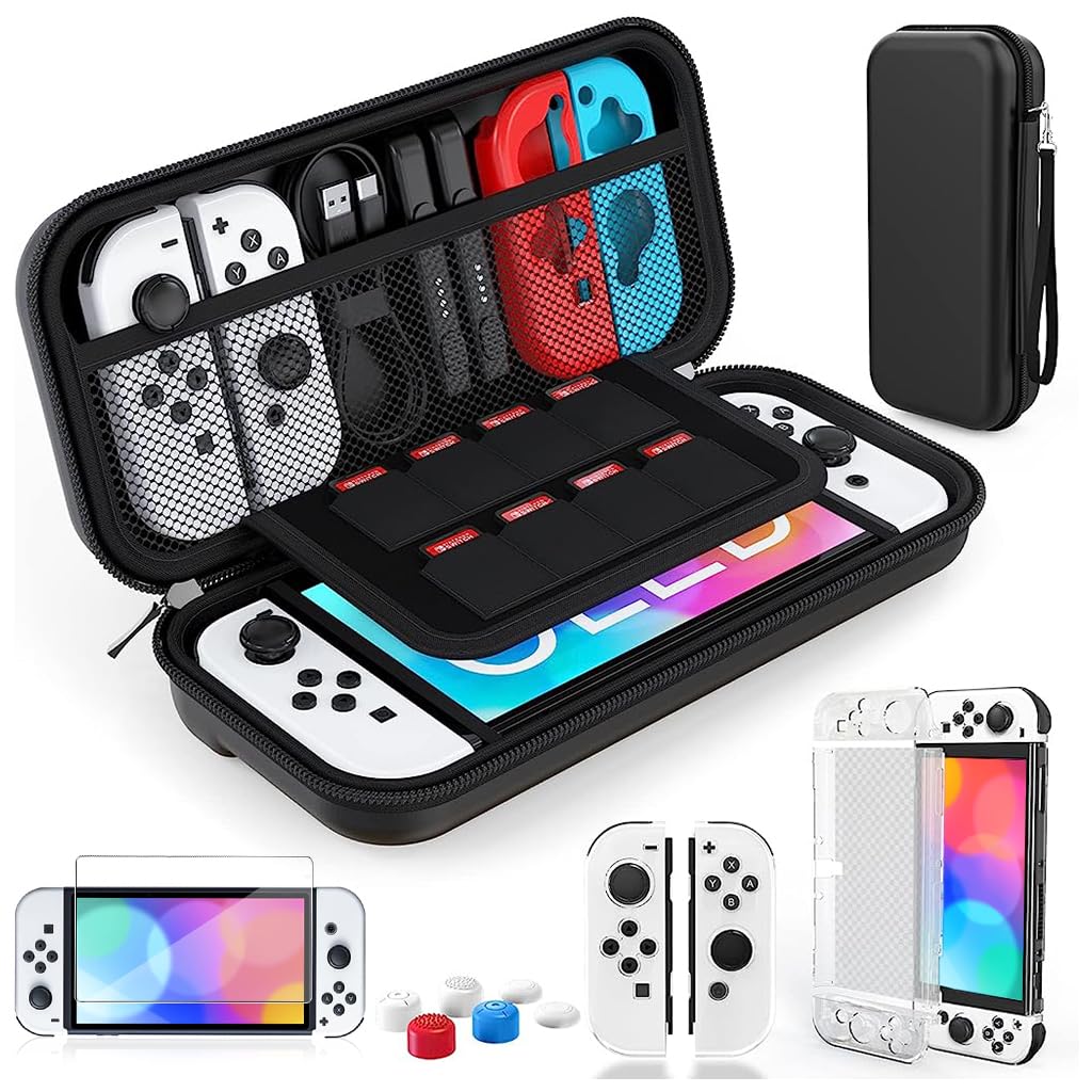 ZORBES® Set of 11 Switch Gamepad Accessories Includes Transparent Protective Case for Switch, Case for Control Sticks, 6 Button Cap, Screen Protector, Carry Bag for Switch, Accessories, Game cassettes