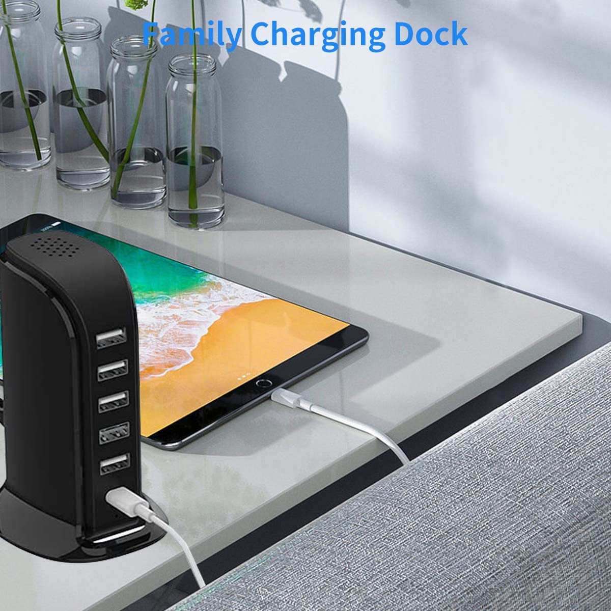 ZORBES® 6 in 1 USB Charging Station Multiports Charging Dock 30W USB Hub with 5 USB Ports and 1 Type-C Port Universal Desktop Multiports Charging Dock for Phone, Tablet, More USB Enabled Devices