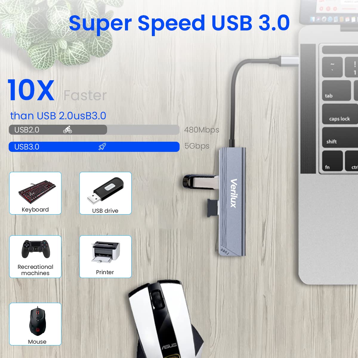 Verilux 5 in 1 USB C Hub, Type C Hub with 4K@30HZ HDMI Output, 55W PD Charging Port, 100M Ethernet Hub, 1 USB 3.0, 1 USB 2.0 USB C Hub for MacBook Air M1, MacBook Pro, Switch, Type-C Devices