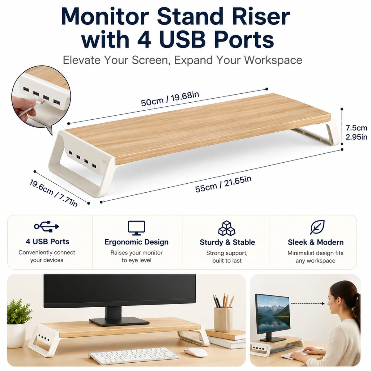 ZORBES Wooden Monitor Stand Riser with 4 USB Ports & Under-Desk Storage
