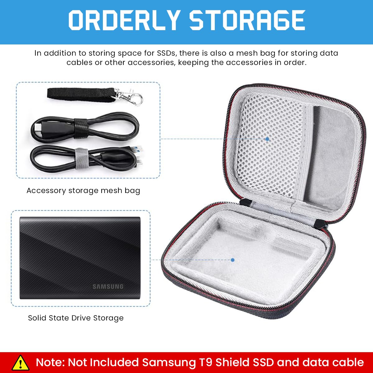 ZORBES® Hard Carrying Case for Samsung T9 Portable Solid State Drives 1TB 2TB 4TB Storage Case for Solid State Drive EVA Waterproof SSD Travel Bag Accessory Bag with Handstrap, No SSD Included, Black