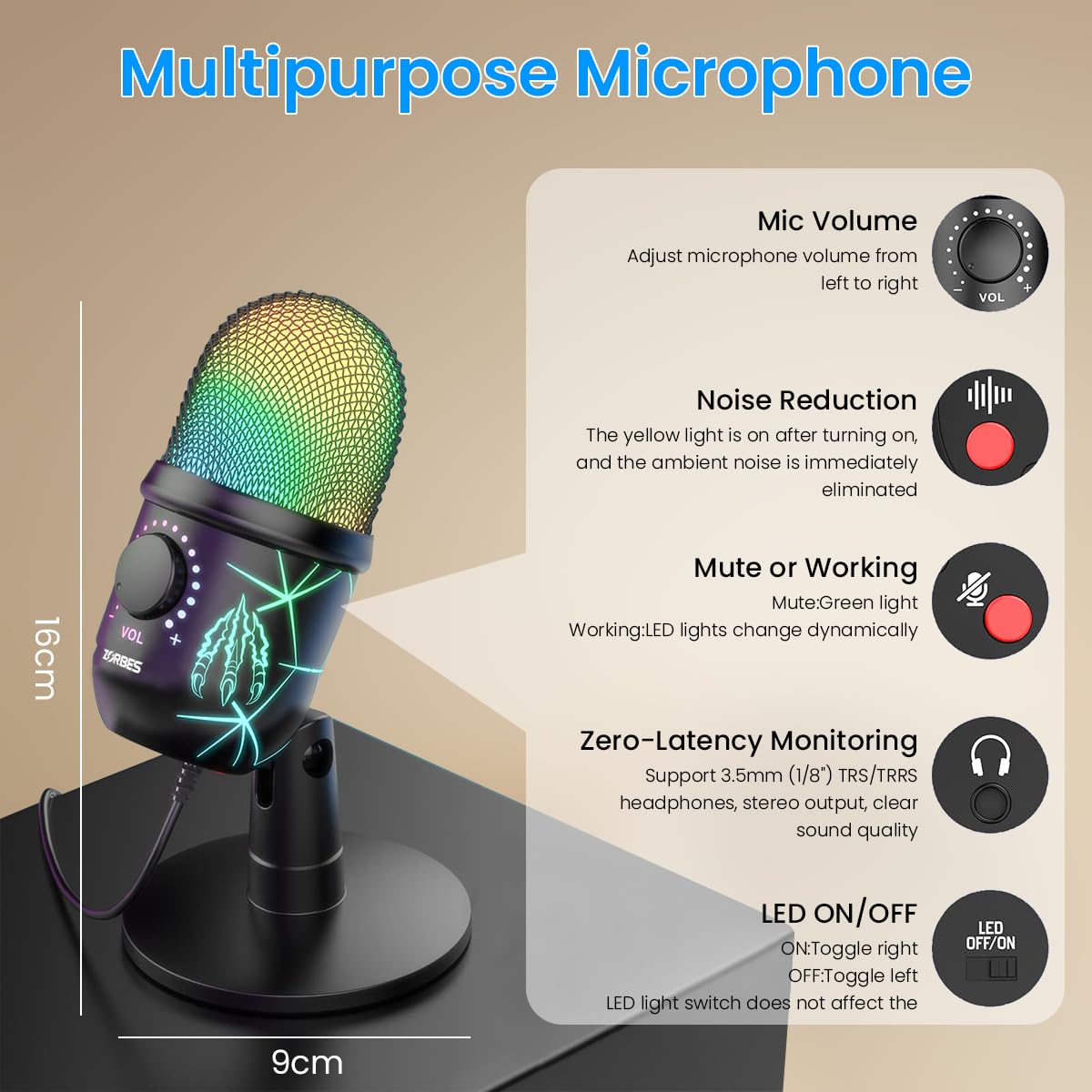 ZORBES® USB Microphone Plug and Play Gaming Mic for PC, Mac, PS4/5 Multifunctional Mic with RGB, Mute Button, Earphone Jack, Volume Gain, Noise Reduction Button for Gaming, Recording, Livestream