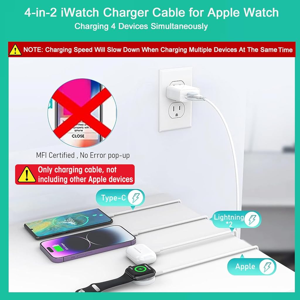 ZORBES® 4-in-2 Watch Charger for iPhone 14/13/12/11/Pro/Max/XR/XS/Pad/AirPods 1/2/3/Pro&iPad Series, iWatch Charger Smart Watch Charger for Apple Watch Charger for Apple Watch Series 1-8/SE1/SE2 - verilux