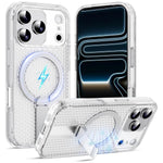 ZORBES® Compatible with iPhone17 Pro, TPU Fashion Honeycomb Clear Phone Case with Folding Metal Bracket, Magnetic Attracting Ring for Wireless Charging & Magnetic Car Mounts
