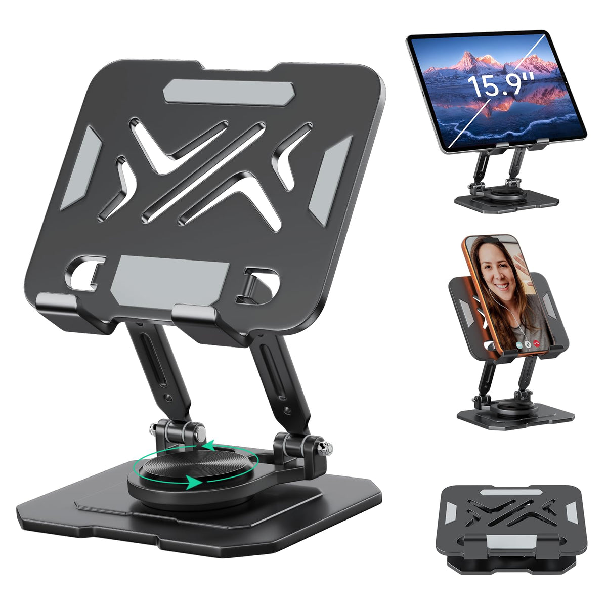 ZORBES® iPad Stand Tablet Holder for Desk,360° Rotation Metal Base Dual Rod Adjustable Height Holder,Compatible with 4.7-15.9" iPad Pro/Air/Mini,eReader