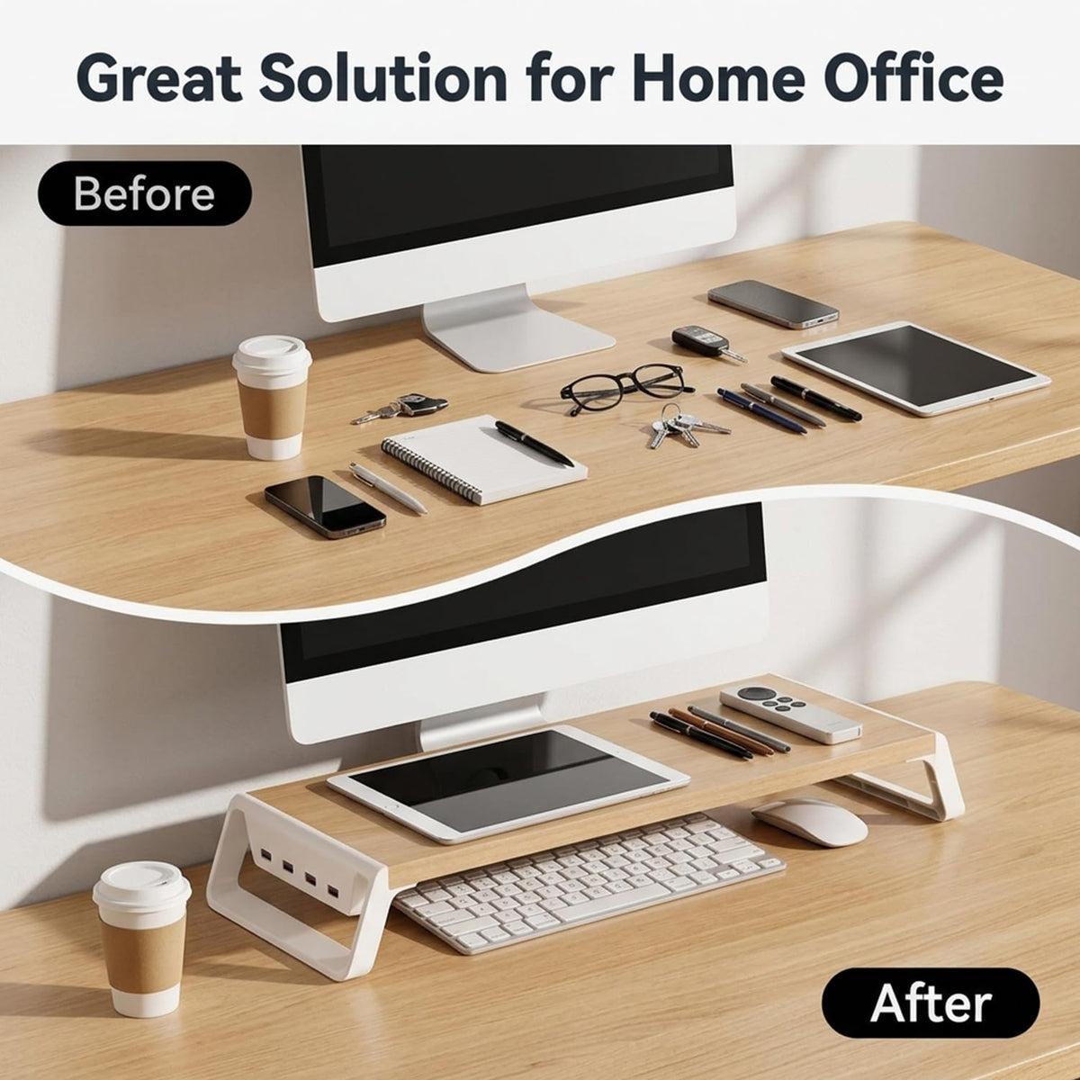 ZORBES Wooden Monitor Stand Riser with 4 USB Ports & Under-Desk Storage