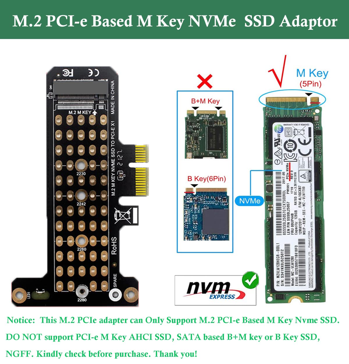 Verilux NVMe Adapter Card for M.2 PCIe 4.0 x1 SSD 2230–2280 | Supports x4 x8 x16 Slots
