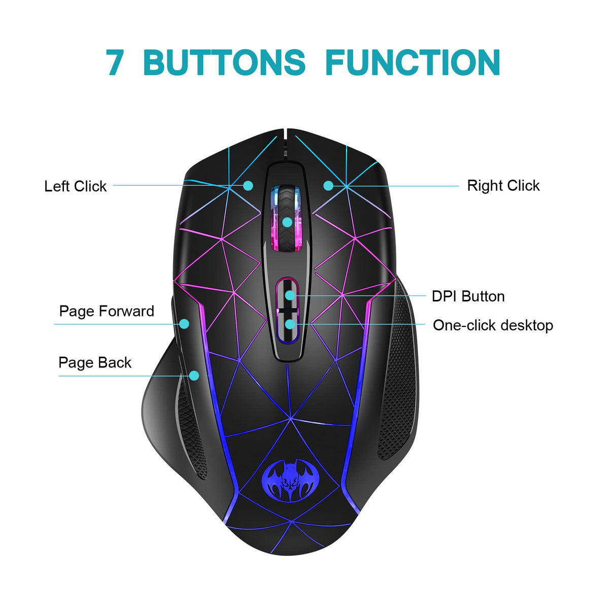 ZORBES® 2.4G Wireless Ergonomics Optical Mouse 7 Keys PC Mouse 3 Adjustable DPI Wireless Gaming Mouse with USB Receiver Cool RGB Backlit for Laptop,Desktop,PC