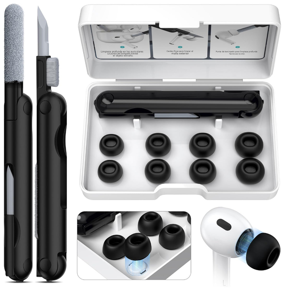 ZORBES® 4 Pair Replacement Ear Tips for AirPods Pro 2nd/1st with Portable Storage Box & Cleaner Pen, Noise Reduction Hole with & Built-in dust Guard Screen, Silicone Ear Tips for AirPods Pro, Black