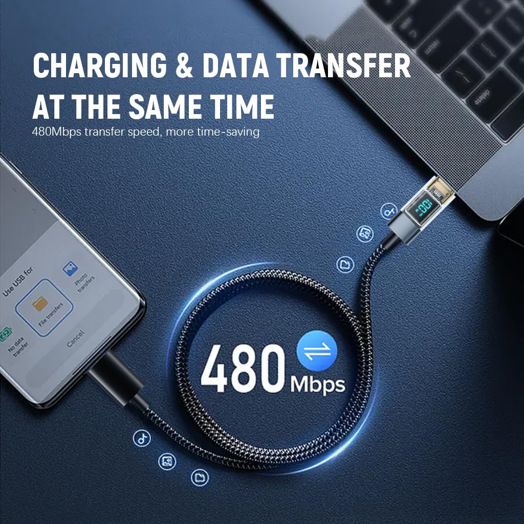 Verilux® PD100W TYPE C to TYPE C Cable for iPhone 15 Digital LCD Power Display TYPE C Fast Charging Cable Support480Mdps Data Sync 3.3Ft Travel Nylon Braiding TYPE C Cable for Phone, Tablet,