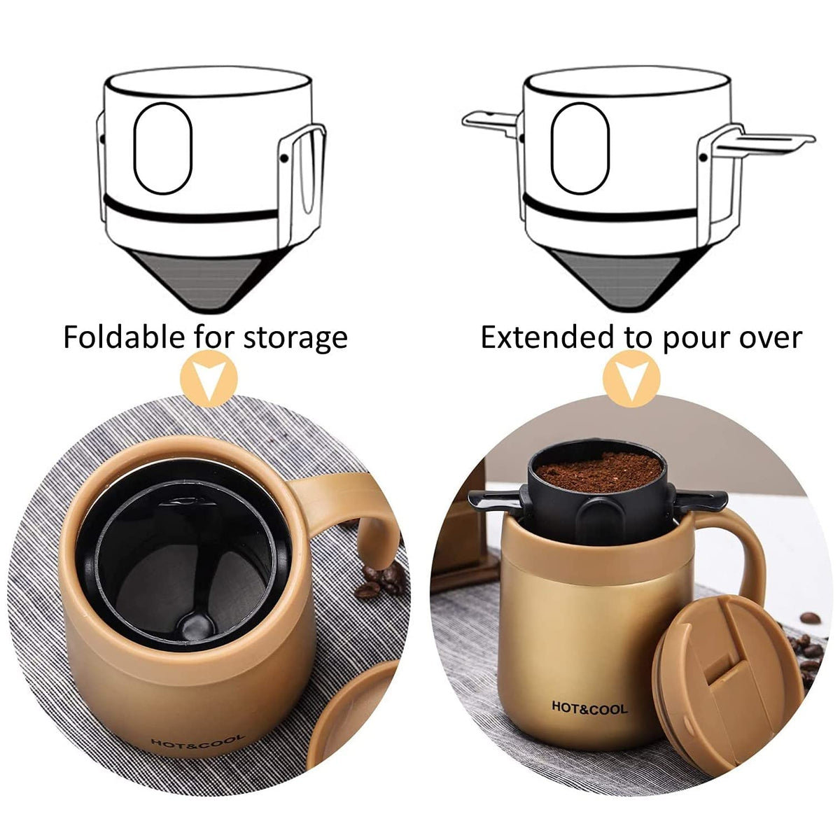 Verilux Filter Coffee Maker Double Mesh Pour Over Coffee Filter Food Grade Stainless Steel & Plastic Coffee Dripper 100% Paperless Maker Foldable to Fit Most Cup Keep Coffee Flavour Easy to Use and Clean