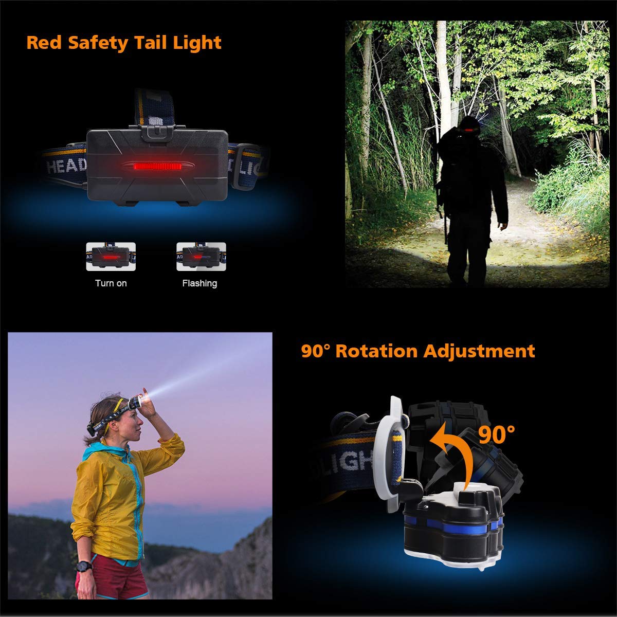 Verilux 13000 Lumens Head Torch Light Rechargeable, LED Emergency Light Headlamp Flashlight Headlight 90 Degree Angle Adjustable 8 Modes Headtorch for Home, Running, Walking, Camping, Fishing