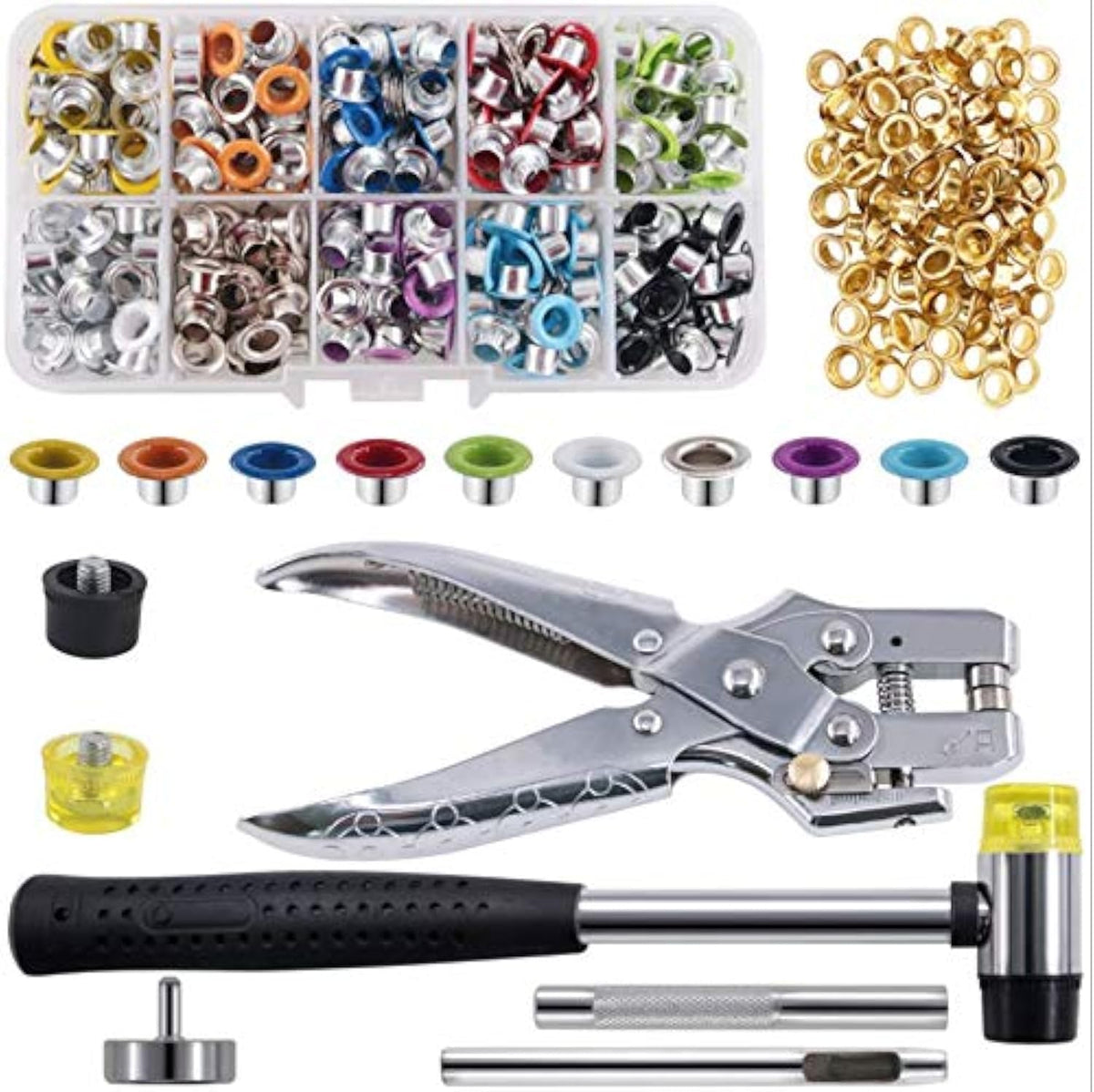 Serplex® Metal Eyelet Grommet Installation Kit with Pliers, Hammer & Punch Tools, 5mm Eyelets and Washers Set for Fabric, Leather, Canvas & DIY Craft Projects, Multi Color Grommet Repair Tool Kit
