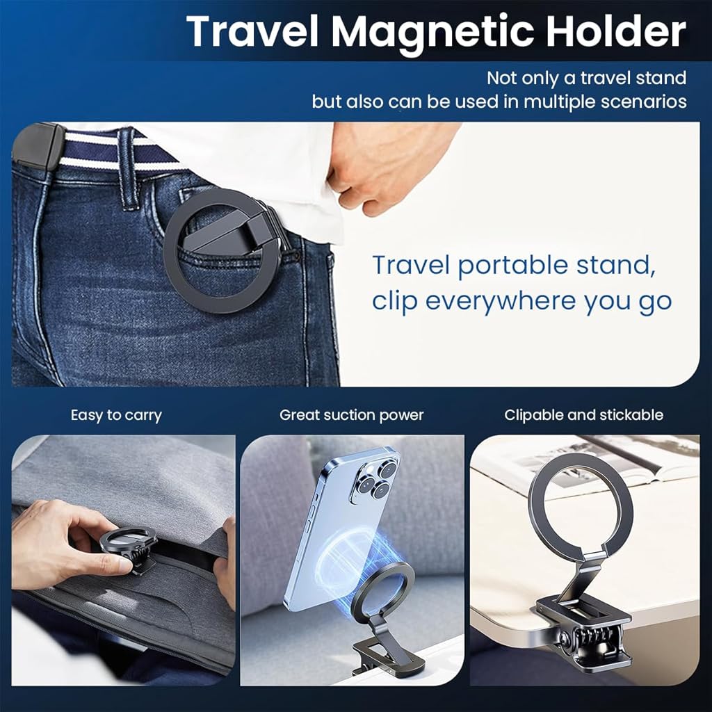 ZORBES® Magnetic Phone Holder 2 in 1 Alloy Magnetic Phone Holder with Clamp & Self Adhesive Backing Compatible with MagSafe Multi Purpose Folding Magnetic Phone Holder Car Phone Stand