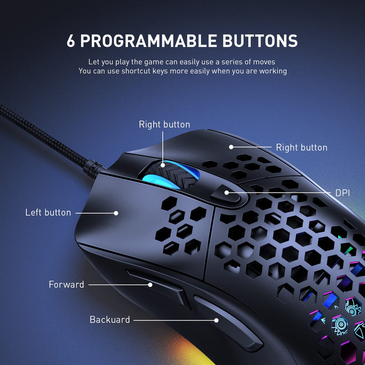 Verilux® RGB Wired Gaming Mouse Honeycomb Lightweight Ergonomic Mouse Max 7200 DPI Ultra Smooth Tracking