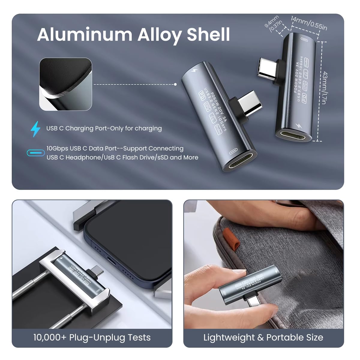 ZORBES® USB C Splitter, Dual USB C Headphone/Data and Charger Adapter, 3 in 1 USB C Audio Dongle USB C Data Adapter with PD 60W Charging for iPhone 16/16Pro/15/15Pro, Galaxy S24/S23/S22, Pixel 8/7