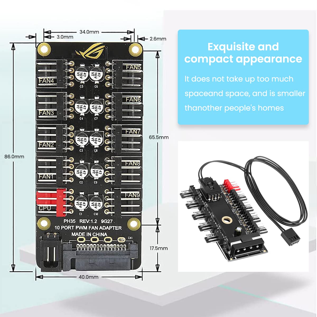 Verilux PC PWM Fan Hub CPU Cooling HUB 10 Port 12V 4 Pin Fan PWM Hub Molex Controller Fan Hub Splitter, 4-Pin PWM Fan Power Supply Extension Cable for ATX Computer Case 4-Pin and 3-Pin Cooling Fans