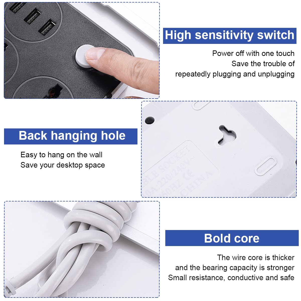 ZORBES® Extension Board with 3 USB Ports + 4 Power Sockets 2400W Electric Outlet Extender USB Extension Surge Protection Sockets and 2m Cable Extension Cord