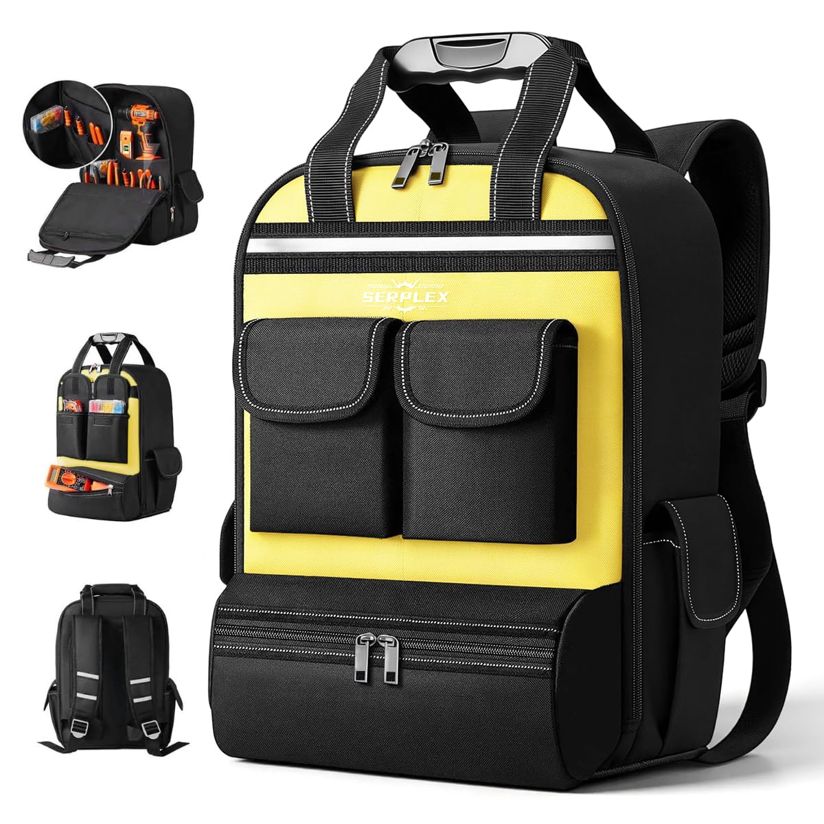 Serplex® 17'' Tool Organizer Backpack 1200D Polyester Tool Bag Organizer with 18 Pockets, Closable Handle, Freestanding Tool Storage Backpack for Electricians, Plumbers, Mechanics & DIY, 12x9.5x18''