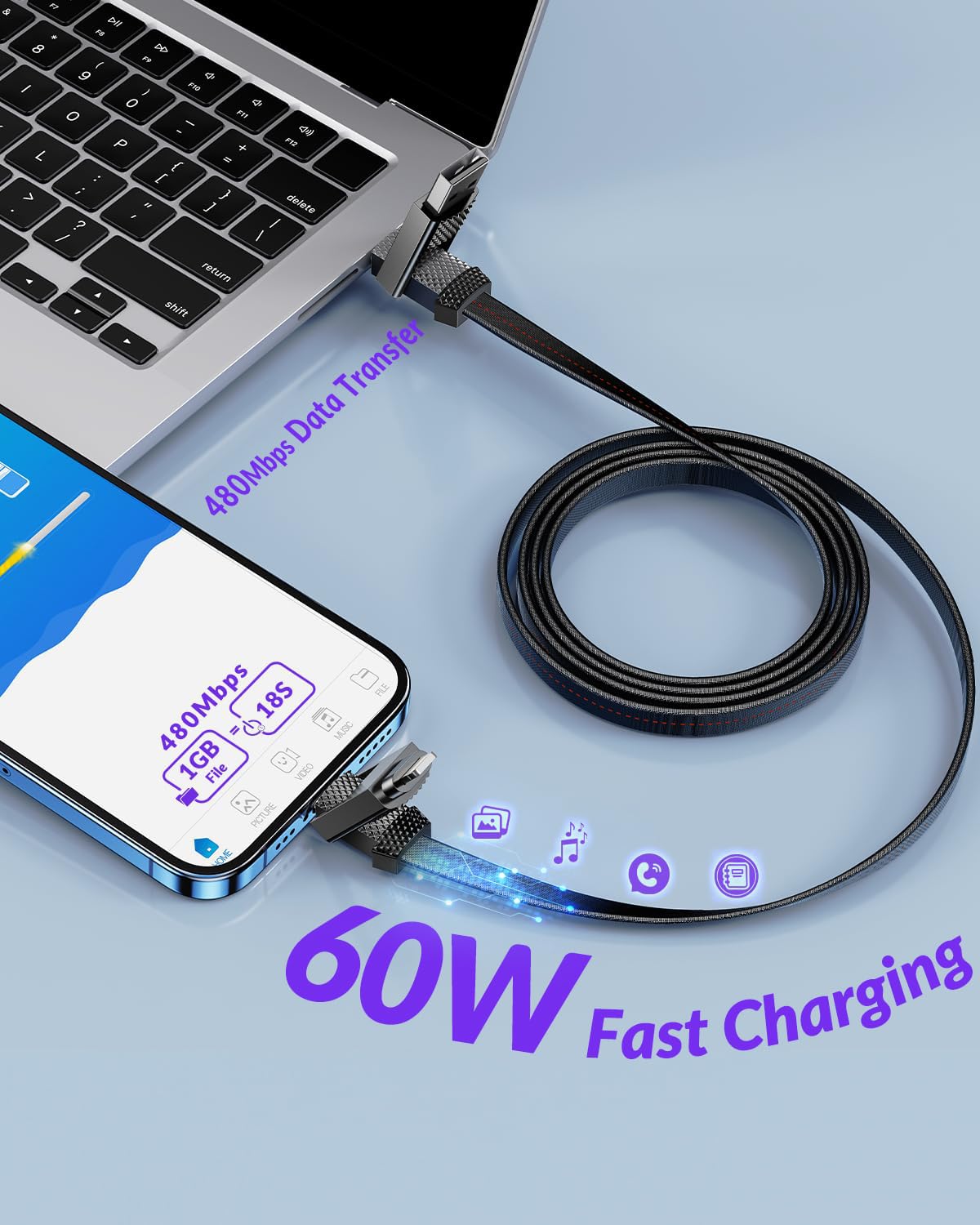 Verilux Type C to Type C Cable for Travel with Magnetic Head Design, 3.3 ft Nylon Braid | 4 in 1 Fast Charging and Data Sync