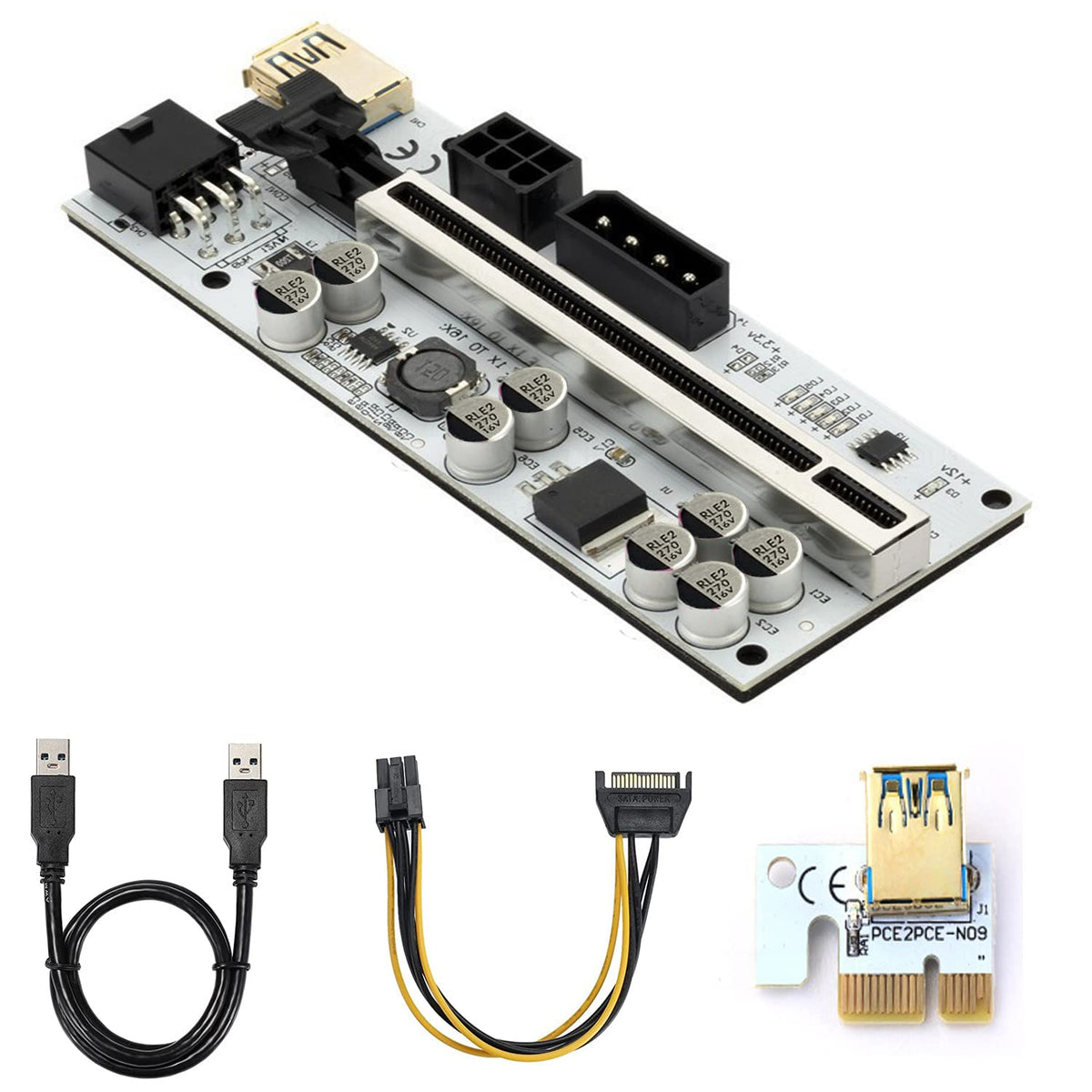 Verilux VER010-X PCIE Riser - PCIE Cable 6 Pin 1X to 16X Powered 8 Capacitors Pcie Riser Adapter Card & USB 3.0 Extension Cable GPU Riser Adapter-Mining Bitcoin, Ethereum ETH Zcash ZEC Monero XMR