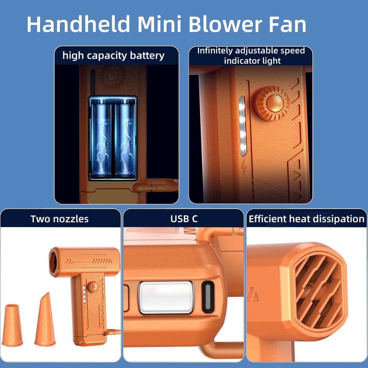 ZORBES® Small Blower Fan Compressed Air Duster Turbo Blower with LED Light 2 Nozzles 4 Stage Wind Adjustment Car Duster for Car Cleaning Travel Hiking Camping Turbo Fan PC Cleaner