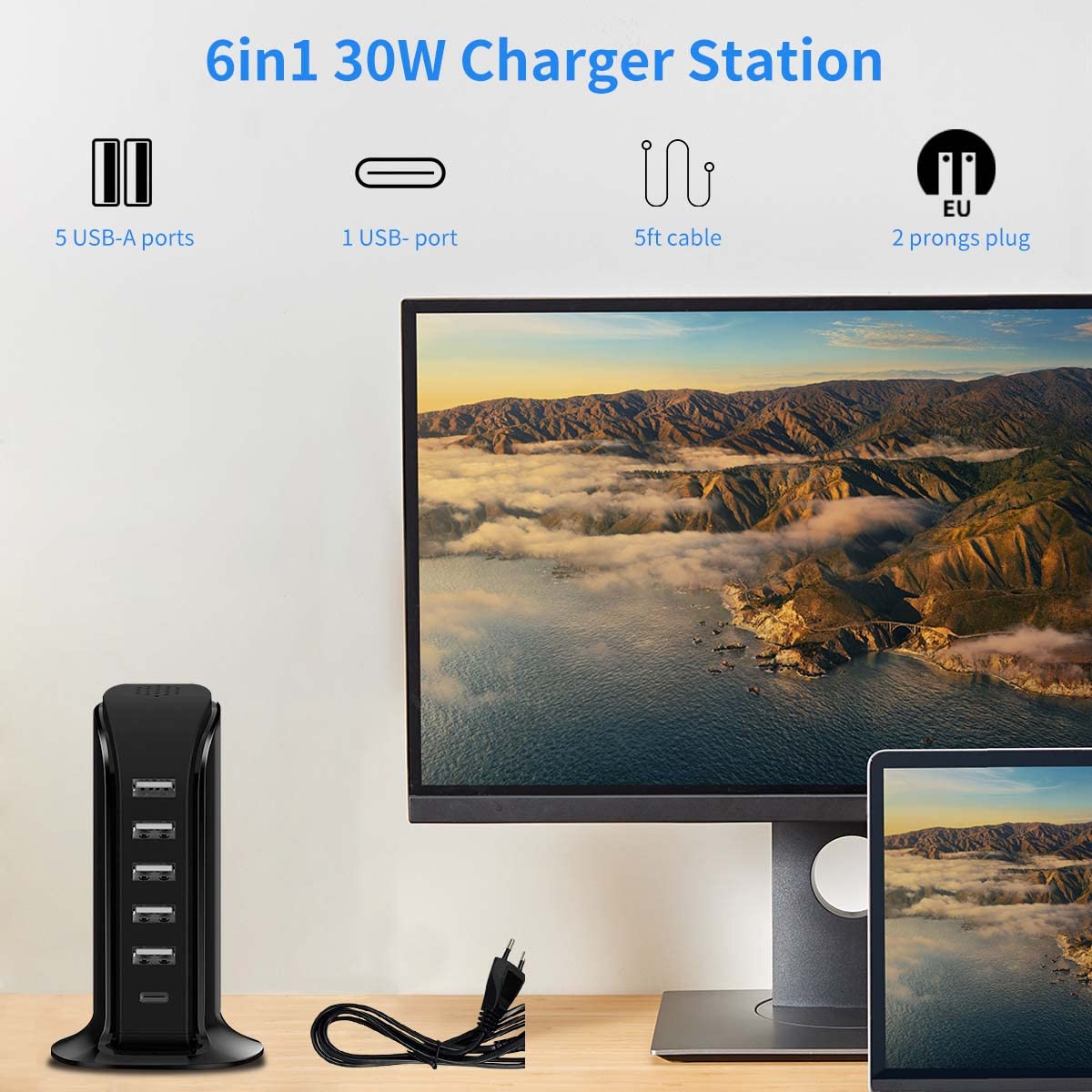 ZORBES® 6 in 1 USB Charging Station Multiports Charging Dock 30W USB Hub with 5 USB Ports and 1 Type-C Port Universal Desktop Multiports Charging Dock for Phone, Tablet, More USB Enabled Devices