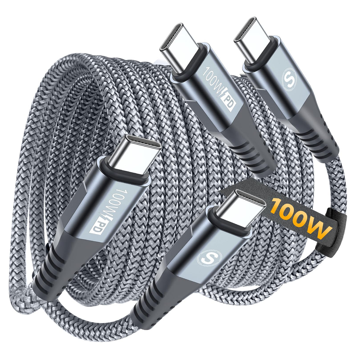 Verilux® 2Pcs PD 100W Type C Cable Fast Charging, 6.6Ft/2M Braided C Type Charger Cable, 480Mbps Data Transfer USB C to C for iPhone 17/17 Pro/17 Pro Max/16/15, Galaxy S25/S24/S23, More USB C Equipment